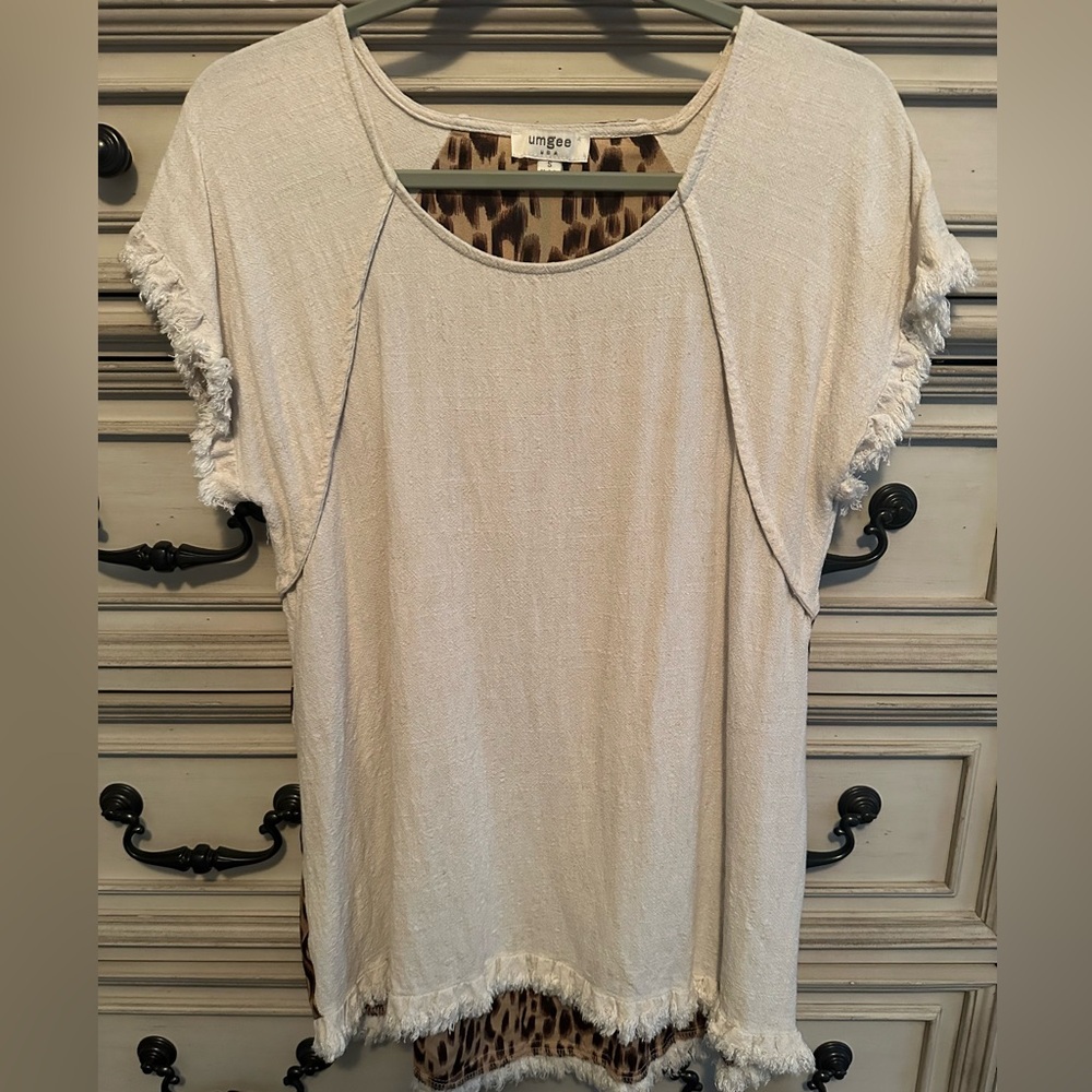 Umgee Beige Short Sleeve Fringe Top with Animal Print on Back